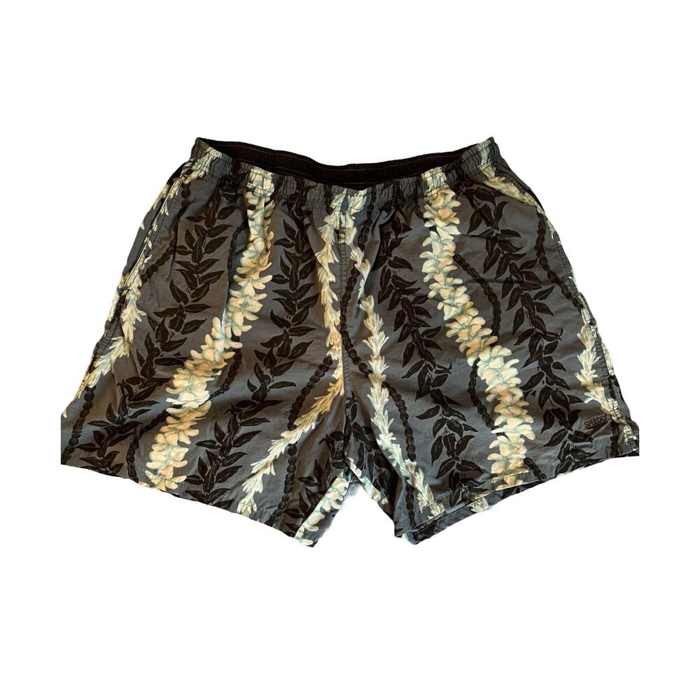 Speedo Mens Swim Trunks Size L Blue Green Floral Pull On Elastic Waist Mesh Line